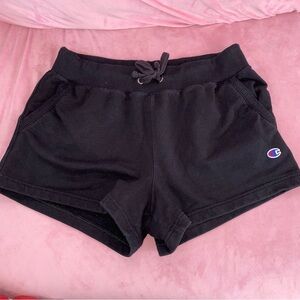Champion Women’s Sweat Shorts Solid Black Fleece Lined with Logo & Drawstring L